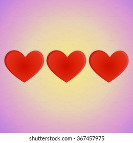 Postcard Valentine's Day. Three red heart in the middle of the picture on the retro background.