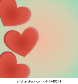 Postcard Valentine's Day. Three red heart with a look out the right side of the picture on the retro background.