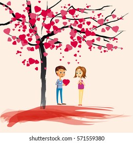 Postcard Valentine's Day, two characters, the boy gives a girl the heart, under a blossoming tree of hearts, love, Cartoon style, vector illustration