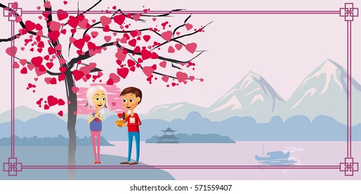 Postcard Valentine's Day, two characters, the boy gives a girl the heart, under a blossoming tree of hearts, love, against the backdrop of Chinese landscape, Cartoon style, vector illustration