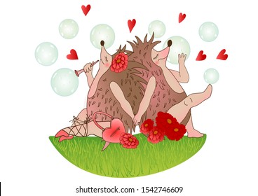 Postcard to Valentine's Day Two lovers hedgehogs in cartoon style sitting in a clearing of flowers, holding hands and blowing bubbles and hearts