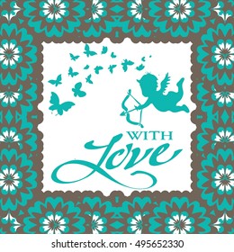 Postcard for Valentine's day. White background, green flower frame
The inscription "With love"
