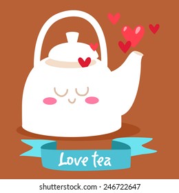Postcard Valentine's Day. White kettle. cartoon style
