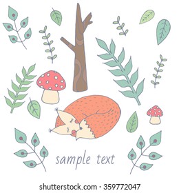Postcard vector. Cute fox sleep in forest