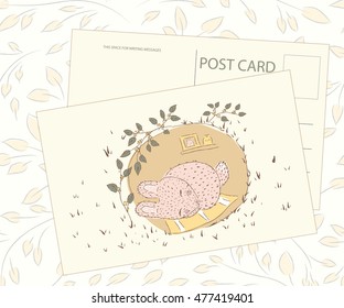 postcard vector. Cute rabbit hand drawn sleeping in a hole