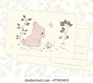 postcard vector. Cute rabbit hand drawn and butterflies