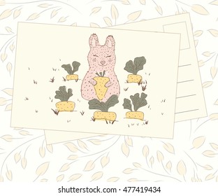 postcard vector. Cute rabbit hand drawn and carrots