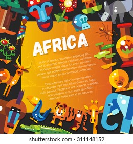 Postcard of vector flat design african icons and infographics elements with animals
