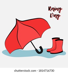 Postcard vector flat illustration of a pair of red rainboots and an umbrella