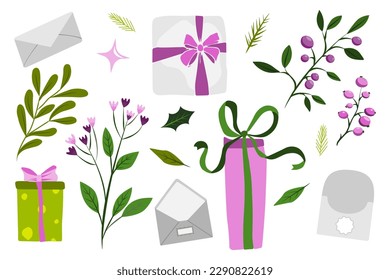 postcard, vector flower decoration design Cute envelope with flowers, plants inside and the inscription for you . A bouquet of spring flowers. Flat vector illustration of a love letter. Romantic