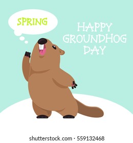 Postcard Vector Groundhog Day. Funny groundhog predicts that will soon spring