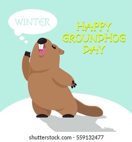 Postcard Vector Groundhog Day. Funny groundhog predicts the weather in their shadow