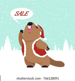 Postcard Vector groundhog screams out slogan. Funny groundhog predicts that will soon sale