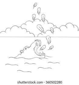 Postcard vector. Hippo in watter. colorbook