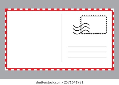 Postcard vector icon. Airmail border detail. Black postal stamp. White background shape.