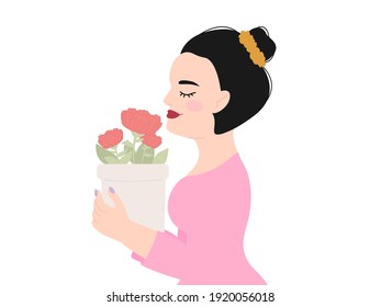 Postcard Vector illustration eps 10. Cute happy girl with flowers in a pot. The woman received a gift plant.