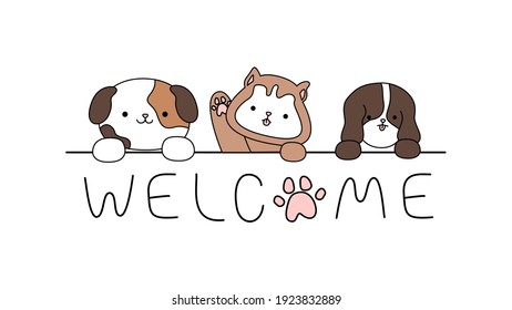 Postcard vector illustration eps 10. Baby print, banner, brochure, happy pets with smiling faces. Welcome text with cute dogs isolated on white background.