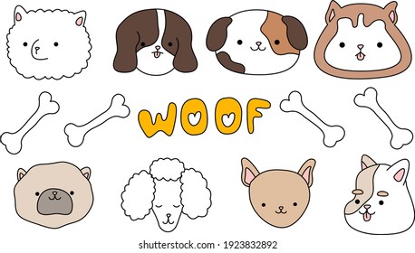 Postcard vector illustration eps 10. Set with cute happy dogs. I love pet woof collection isolated on white background.