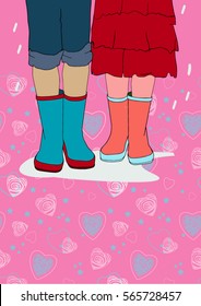 postcard vector image card romantic background. couple in rubber boots. 