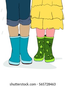 postcard vector image card romantic background. couple in rubber boots. Patrick's Day pattern