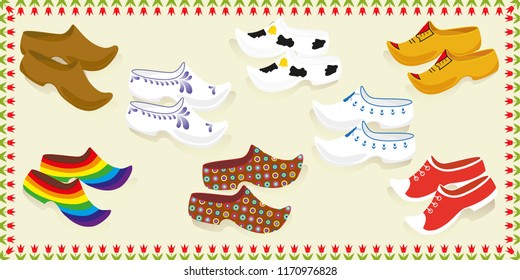 Postcard vector with set of traditional wooden shoes.
