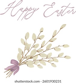 Postcard, Vector, Watercolor Bouquet of willow branches, tied with purple ribbon, bow, Easter,  for Printable Cards, invitations, greeting cards vector