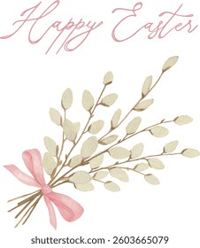 Postcard, Vector, Watercolor, Bouquet of willow branches, tied with pink ribbon, bow, Easter,  for Printable Cards, invitations, greeting cards vector