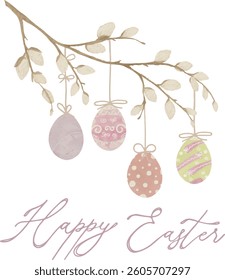 Postcard, Vector, Watercolor, willow branch, Easter colored eggs, Printable Cards, invitations, greeting cards