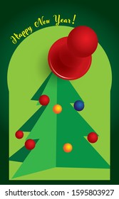 Postcard vertical Merry New Year. Christmas tree in Christmas balls and a paper clip