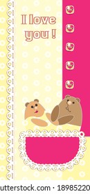 The postcard is vertical.A celebration of love. I love you!An embroidered inscription. Valentine's Day. Family, man and woman. Bears in your pocket. Fabric applique with embroidery.Buttons, braid.