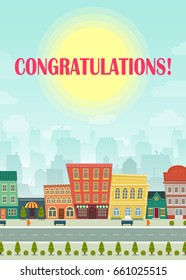 Postcard vertically, Funny and sunny cartoon cityscape street panorama with houses shop road bench hydrant, horizontally vector illustration clip art. Housewarming move in