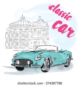 Postcard with a vintage car. Vector illustration for greeting card, poster, or print on clothes.