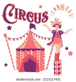 Postcard with vintage circus theme. Girl in carnival costume, circus tent, flying cards, funfair. Vector illustration.