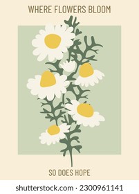 Postcard with vintage daisy flowers and text. Daisy background retro 70s style. Vector illustration.