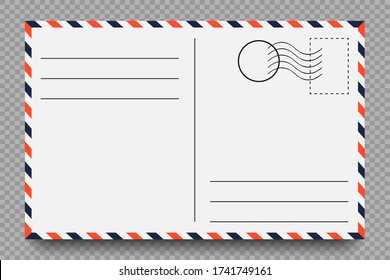 Postcard. Vintage postcard with place for stamp and address. Template on transparent background with shadow. Vector illustration.