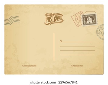 Postcard with vintage stamps, retro post card or postal, vector antique paper. Vintage postcard back template background of old airmail letter with mail postage on blank grunge old paper