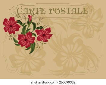 Postcard in vintage style with red flowers. Vector illustration.