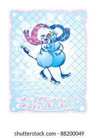 Postcard in vintage style with skating happy couple - snowman and snow woman - hand drawn illustration
