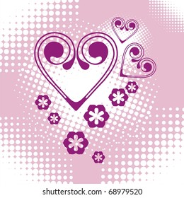 postcard with violet hearts on pink background. Vector illustration