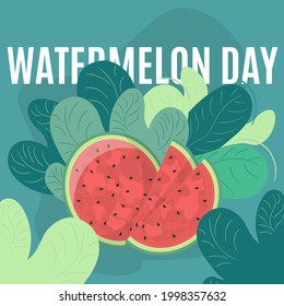 Postkarte mit Wassermelone. Nationaler Wassermelontag. Vektorgrafik mit Wassermelone und Blättern. Poster für den Tag der Wassermelone in grünen Farben.