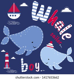 Postcard with whales. Cute character, vector design, marine theme. Colorful vector background. Background with English text, animal. Funny card, phrase.