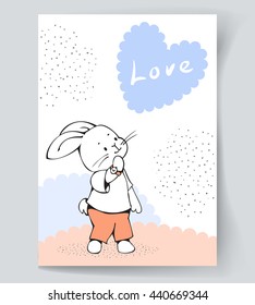 Postcard with a white Bunny and hand lettering "Love" Vector illustration