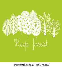 Postcard with white graphics trees on a green background