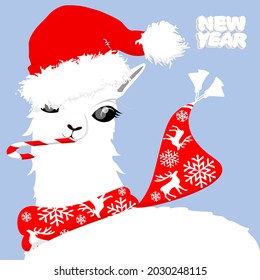 A postcard with a white llama, an alpaca in the red hat of Santa Claus. The inscription "New Year".A red scarf with a silhouette of deer, snowflakes and tassels.A set of knitted things.New Year's walk