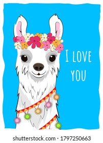 Postcard with a white llama in a flower wreath and colorful garlands on a blue background. Vector.