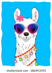 Postcard with a white llama in a flower wreath and colorful garlands on a blue background. Vector.