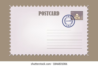 Postcard with white paper texture. Blank vintage post card template with stamp.