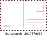 Postcard with white paper texture. Postcard template. Postal card design. Airmail Envelope frame. Retro air mail postcard with blue and red stripes. classic postal frame. EPS vector illustration