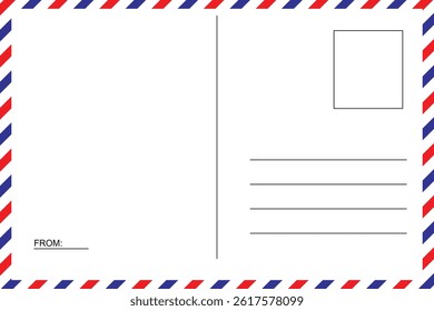 Postcard with white paper texture. Postcard template. Postal card design. Airmail Envelope frame. Retro air mail postcard with blue and red stripes. classic postal frame. EPS vector illustration