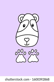 Postcard with white polar bear face and tracks. Vertical child Birthday card.Cute animal in cartoon style isolated on pastel pink background. Vector doodle illustration.Textile kids print on t shirt. 